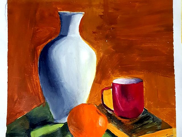 Oil painting of a blue vase, red cup and orange on a table