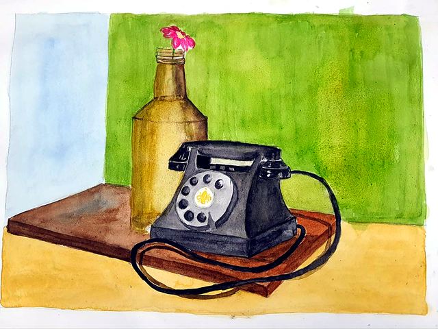 Student painting of an old black telephone set on a table